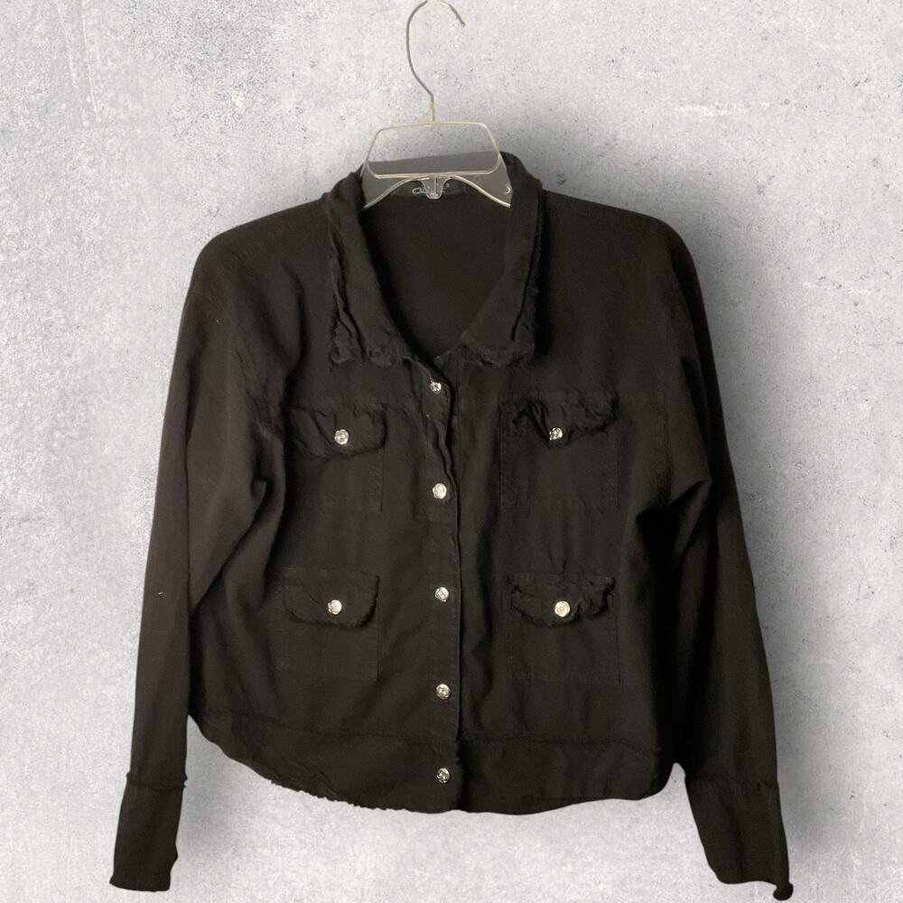Giocam Black Frayed Utility Jacket Womens Medium Button Front Cropped - Picture 2 of 6